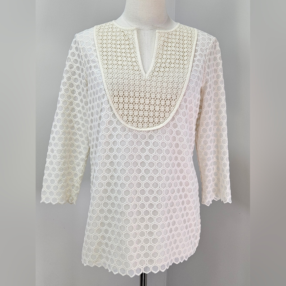 Tory Burch Crean Tali Honeycomb Lace Top Small 3/4‎ Sleeve
